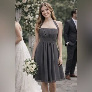 Alfred Angelo Gray Ruched Halter Empire Waist Lined Formal Dress Sz 12